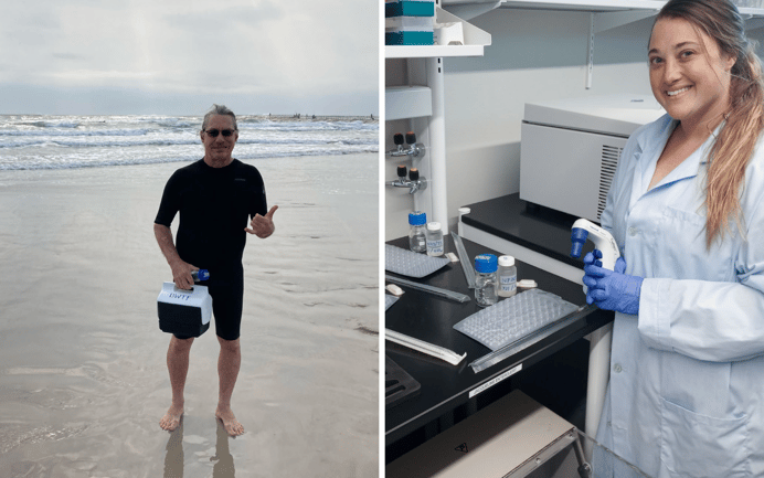 Left: Texas Coastal Bend BWTF volunteer lead, Tommy Shilts, collects a water sample. Right: Samples are processed by students in the lab at Texas A & M University.